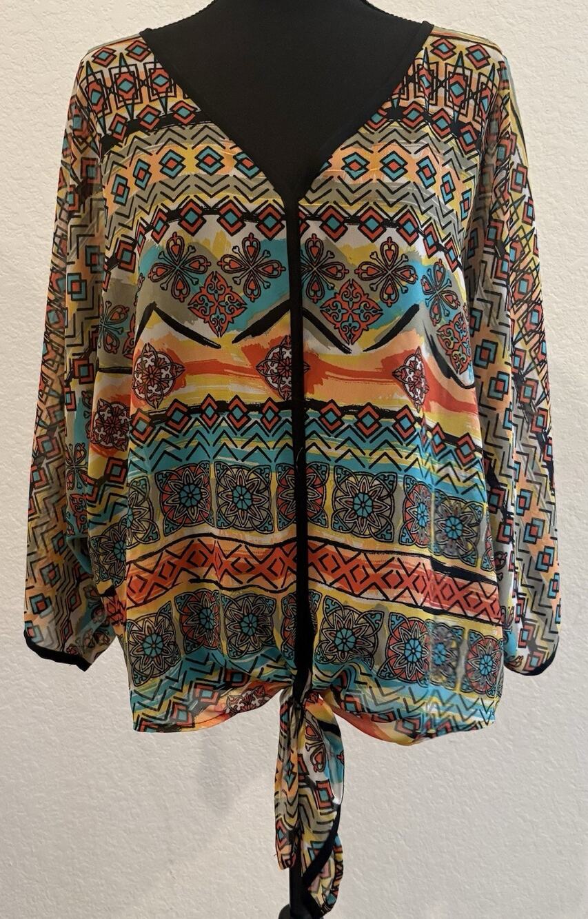 Ali Miles Colorful V-Neck Top Tie Waist 3/4 Sleeves Size 3XL Based On Msmt
